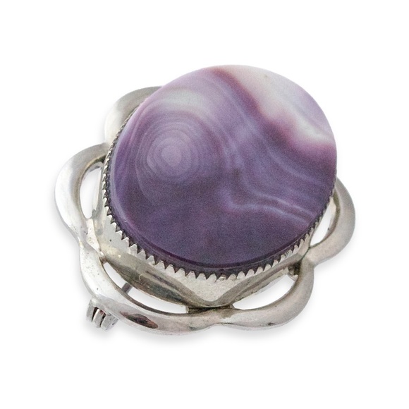 Vintage Purple Banded Agate Brooch Silver Tone Oval Pin - Picture 3 of 4